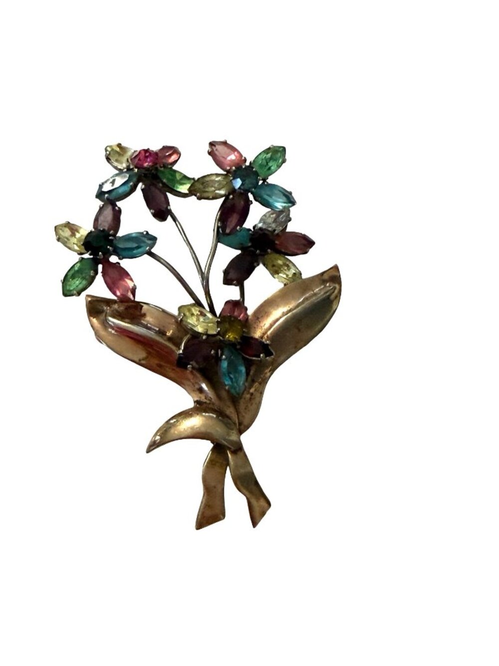 Vintage Czechoslovakia Rhinestone Flower Bouquet Brooch Multicolor Glass Floral
